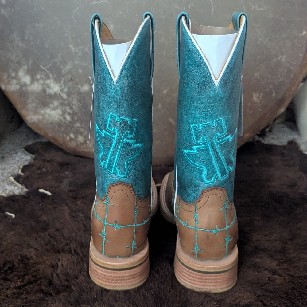 TIN HAUL "Barb'd Wire" turquoise & brown leather square toe cowgirl boots sz 7.5 - Picture 6 of 16